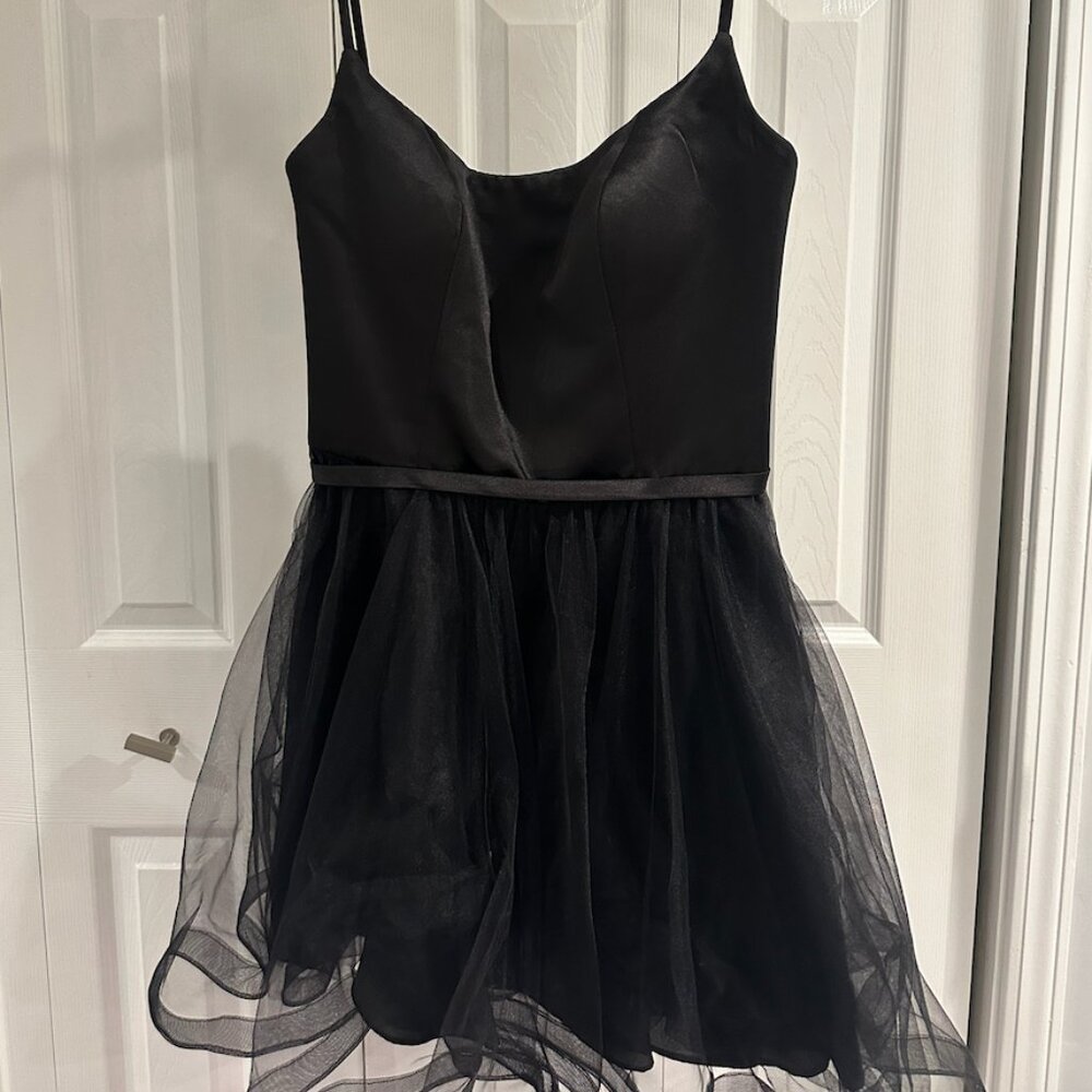 La Femme Black Satin & Tulle Fit & Flare Dress